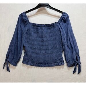 BCX Smocked Blouse Womens Large Blue Square Neck 3/4 Sleeve Cottagecore Romantic